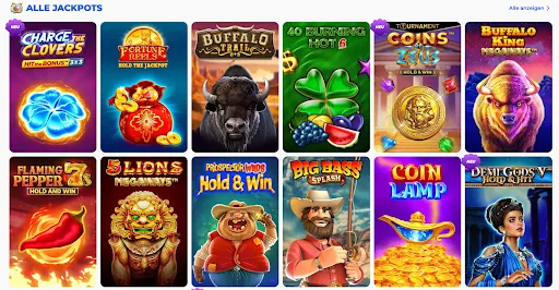 Auswahl an Jackpot-Slots auf Posido, darunter Charge the Clovers