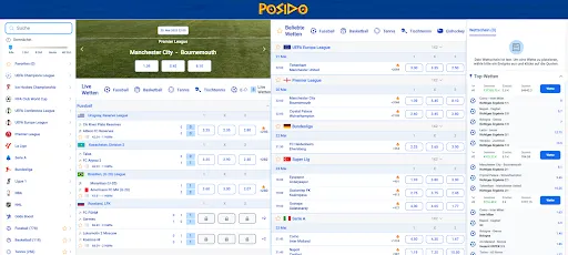 Posido Sportwettenseite – Übersicht mit Live-Wetten, Quoten für Fußballspiele wie Manchester City gegen Bournemouth, beliebtesten Ligen und Top-Wetten